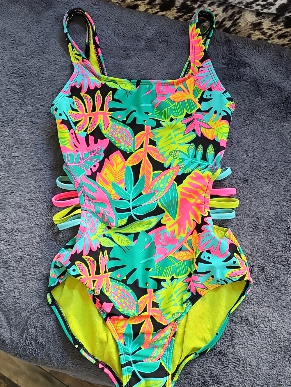 Cat & Jack Neon Tropical Leaf One-Piece Swimsuit
